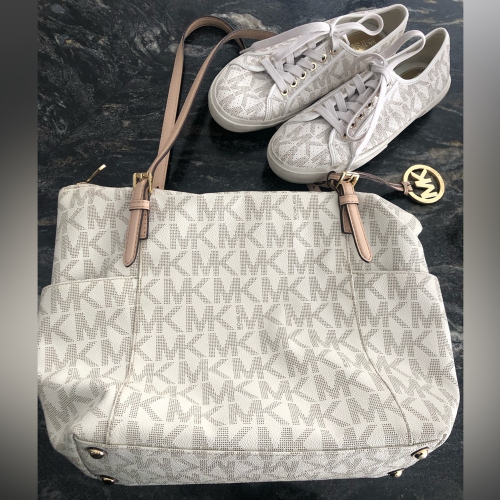 Michael Kors Beige Monogram Tote and Sneakers Sz 7